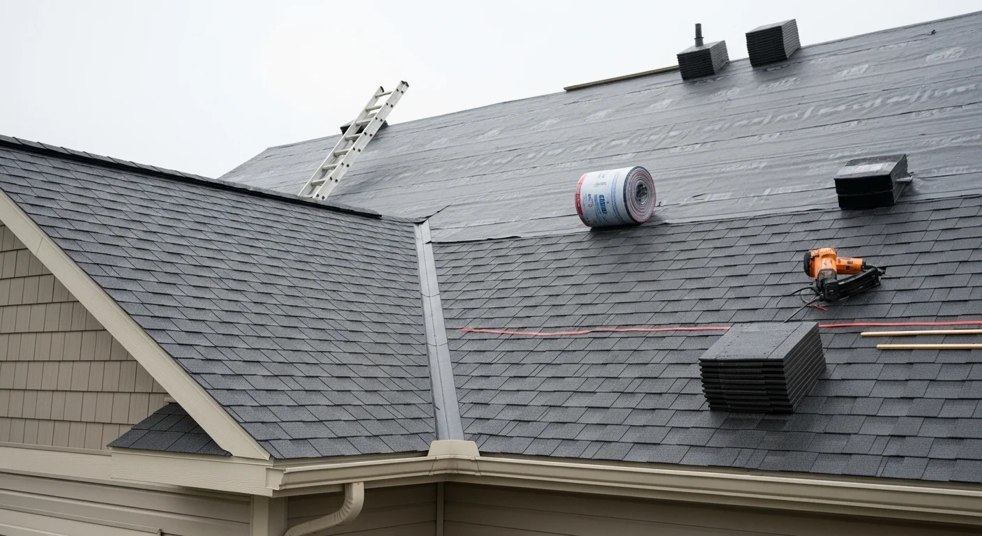 A completed residential roof installation on a single-family home in Hugo, Minnesota, showing clean ridge lines, uniform surface coverage, and properly sealed flashing around roof penetrations. The home sits in a suburban neighborhood typical of Hugo's newer residential developments.
