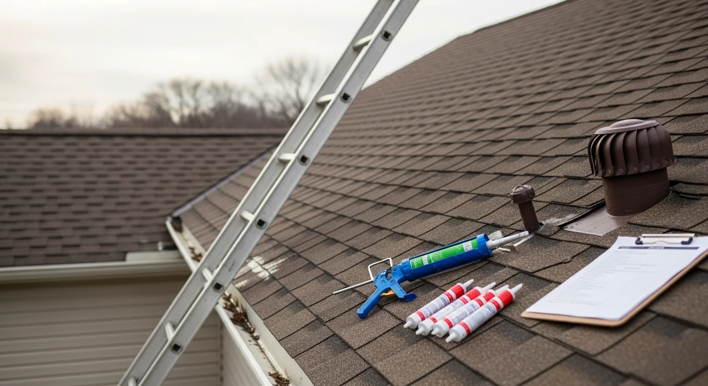 A BRZ Construction Inc roofer inspecting shingles and flashing on a single-family home in Hugo, MN. The image shows close-up detail of a residential roof being assessed for wear after a Minnesota winter.