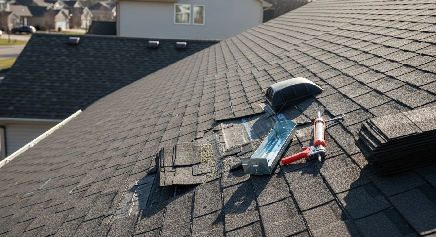 A BRZ Construction Inc roofer repairing storm-damaged shingles on a single-family home in Hugo, MN. Close-up view shows replaced shingles and resealed flashing along the roof edge after hail damage.