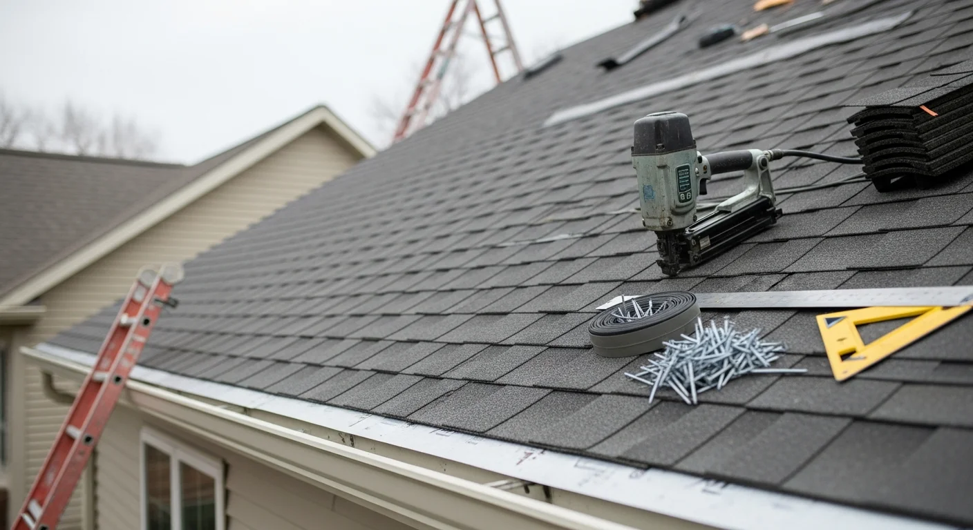 A completed residential roof replacement on a single-family home in Hugo, MN, showing new shingles installed over a full deck with clean ridge lines and updated flashing around roof penetrations.
