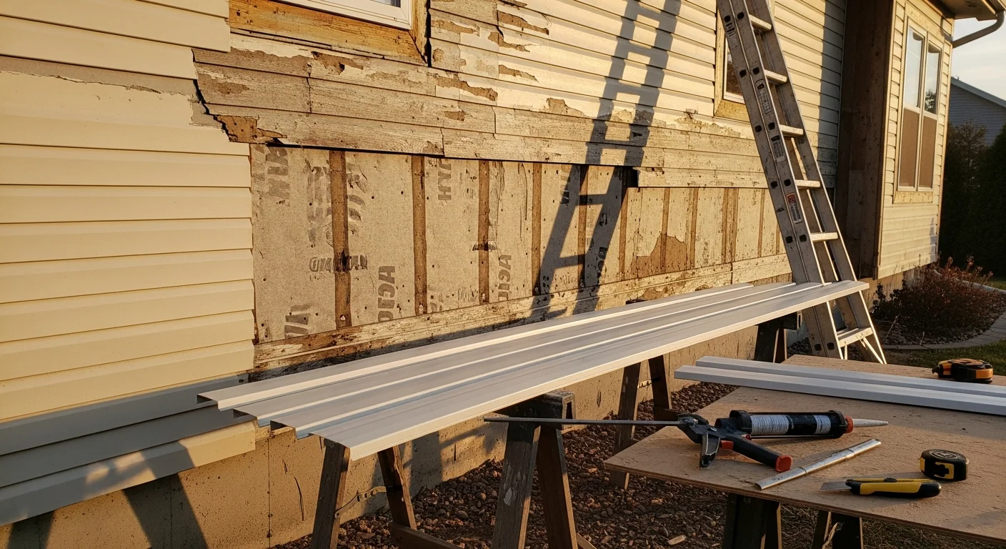 A BRZ Construction Inc crew member repairing cracked and storm-damaged siding panels on a single-family home in Hugo, MN. Close-up view shows new panels being fitted along the exterior wall to restore a tight, weather-resistant seal.