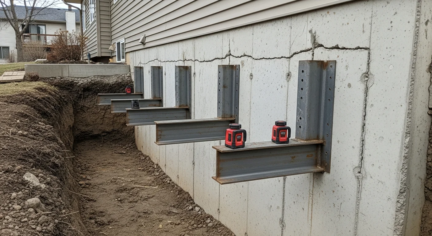 A general contractor inspecting a cracked concrete foundation wall inside a Hugo, MN home basement. Visible horizontal crack runs along the lower third of the block wall with signs of prior water staining.